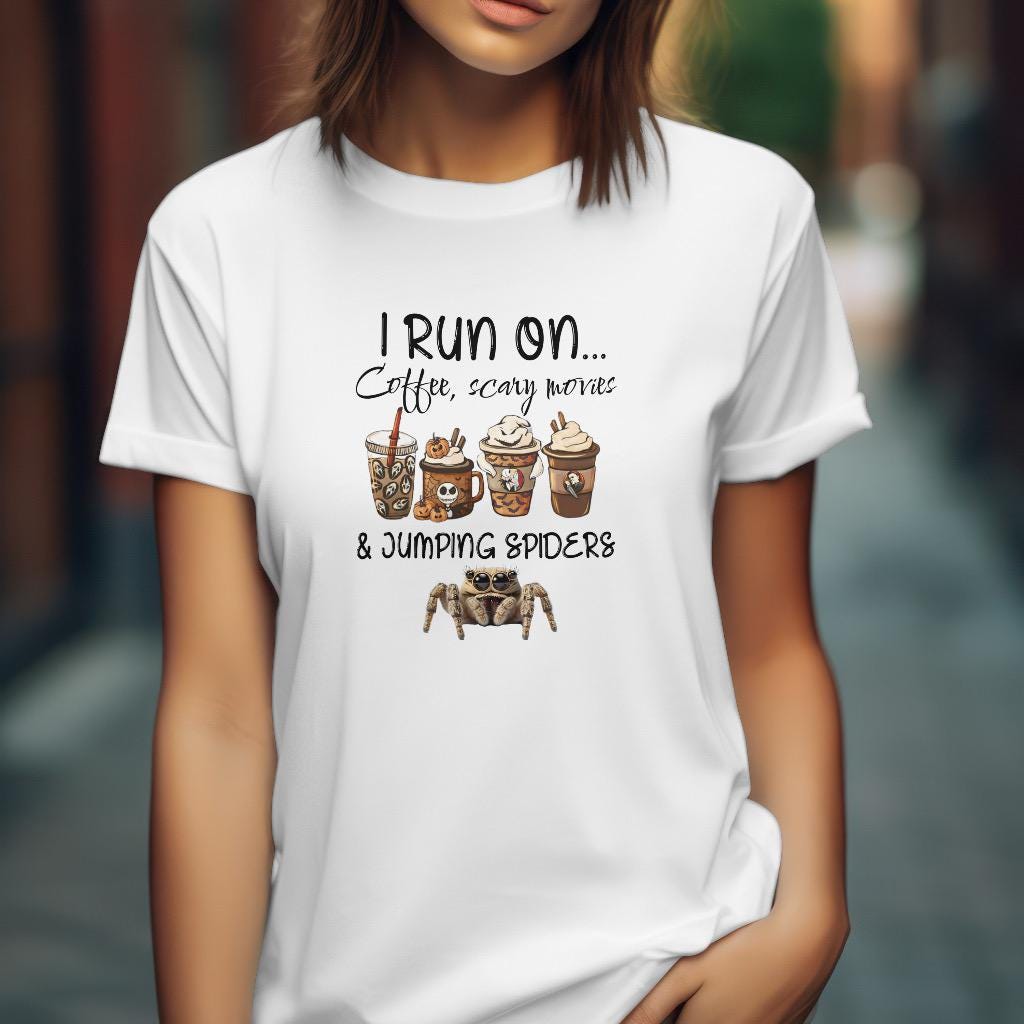 Jumping Spider T-Shirt, Coffee Scary Movies & Jumping Spiders, Unisex Athletic Fit