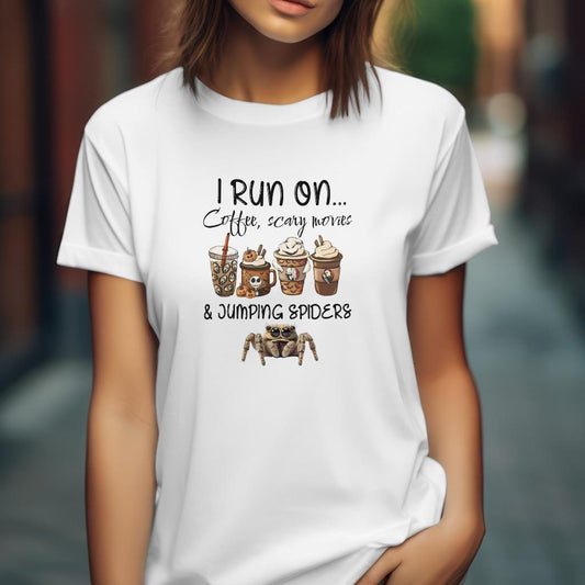 Jumping Spider T-Shirt, Coffee Scary Movies & Jumping Spiders, Unisex Athletic Fit